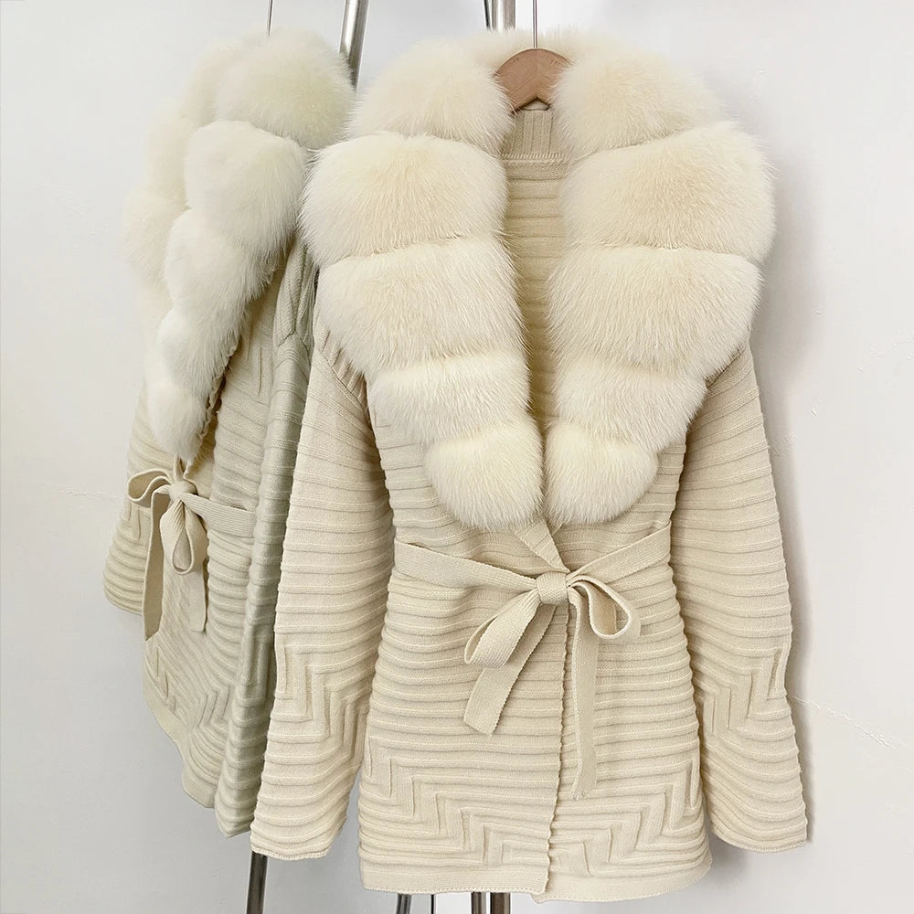 OFTBUY New Women's Knit Coat with Large Real Fox Fur Collar Belted Waist Striped Texture Pockets Winter Luxury Elegant Outerwear