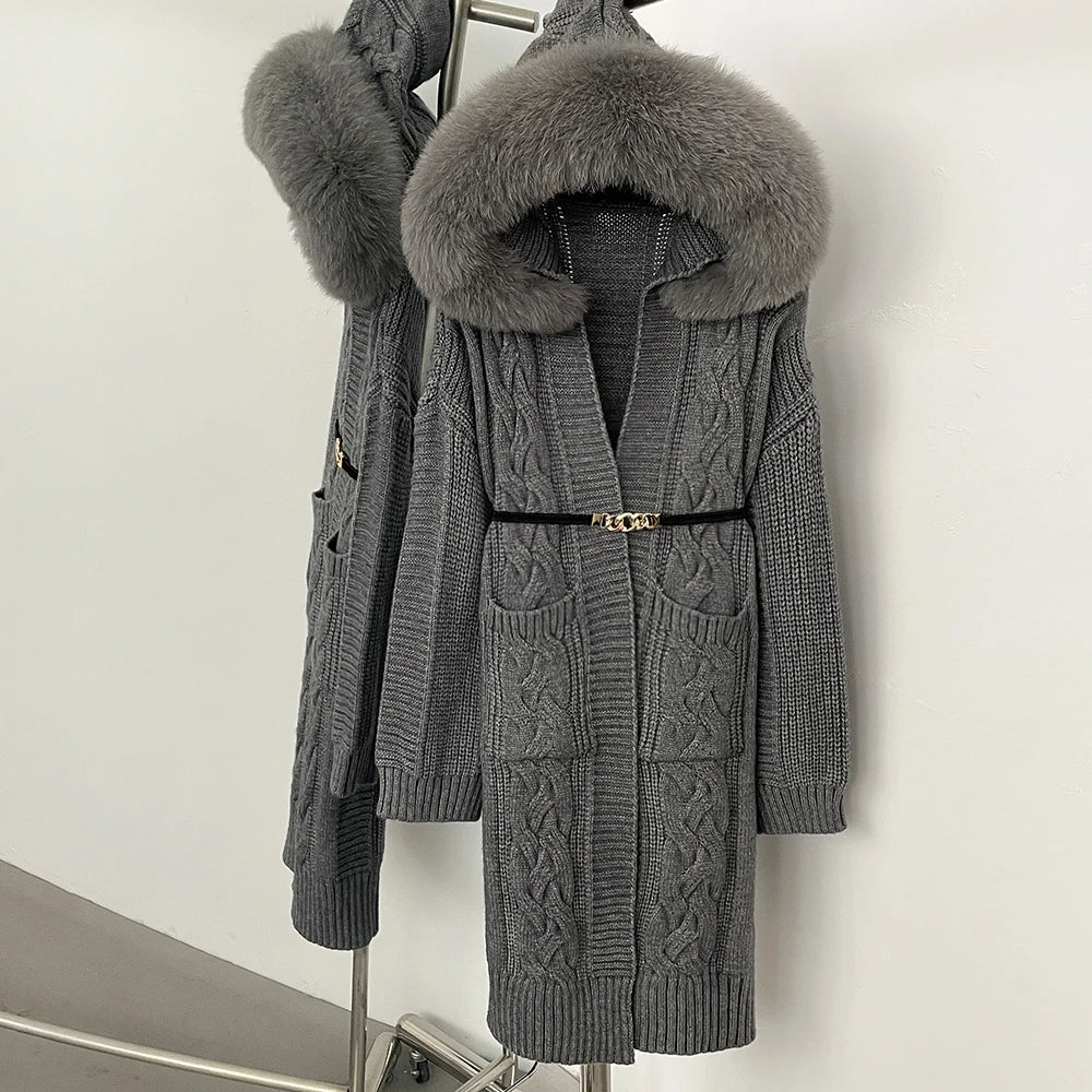 OFTBUY New Autumn Winter Knitted Clothes Women Fashion Thick Warm Belt Sweater Coat Female Hooded Real Fox Fur Cardigan Jacket
