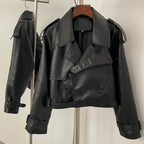 OFTBUY Fashion Outerwear Fake Leather Coat Female New Women's Cropped Faux Leather Jacket Lapel Collar Belted Loose Streetwear