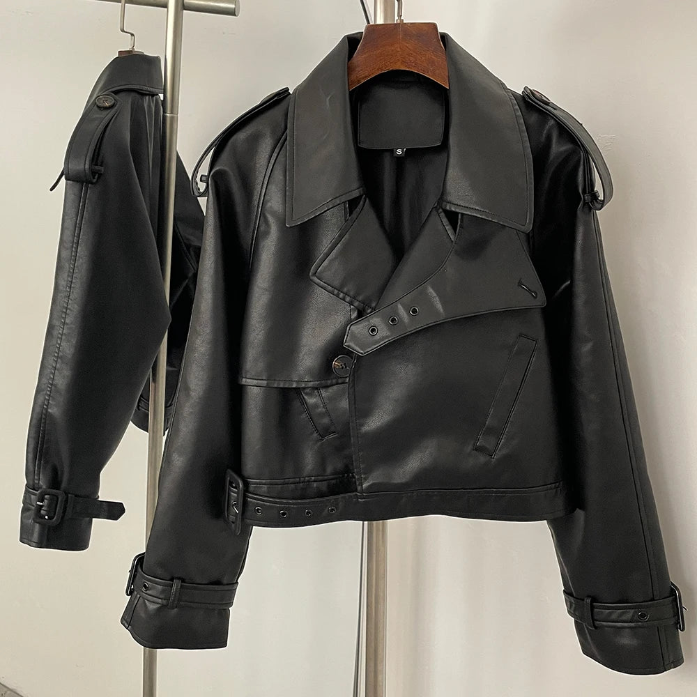 OFTBUY Fashion Outerwear Fake Leather Coat Female New Women's Cropped Faux Leather Jacket Lapel Collar Belted Loose Streetwear