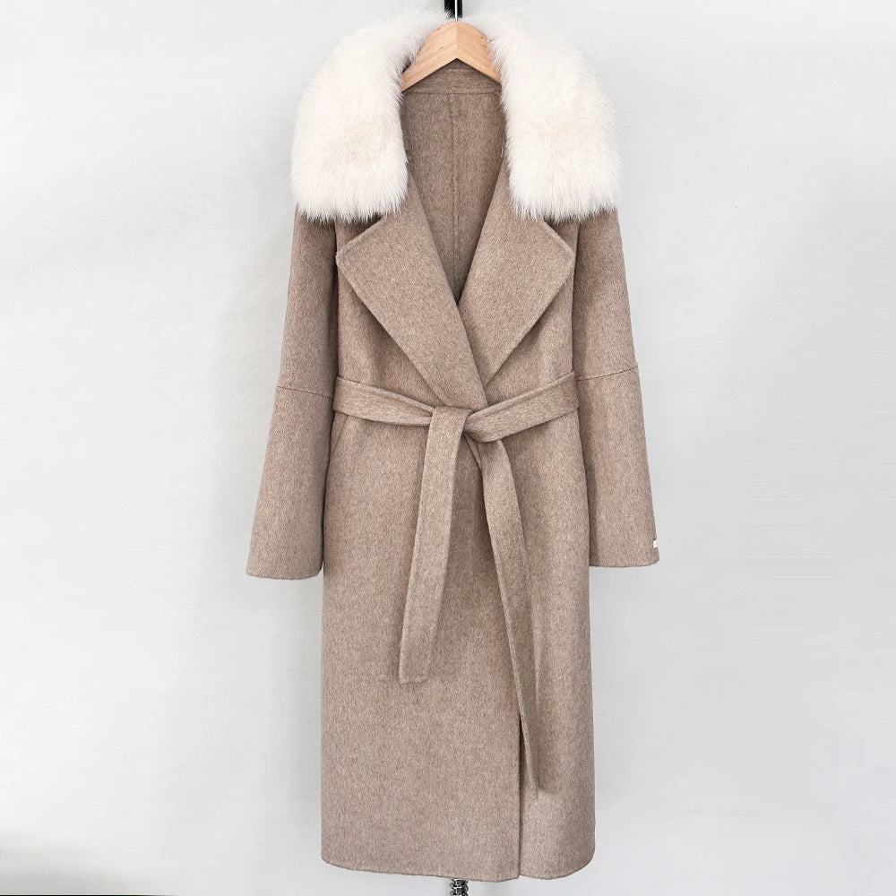 OFTBUY New Autumn Winter Long Clothing Women Fashion Warm Wool Coat with Real Fox Fur Collar Belt Elegant Woolen Jcacket Female