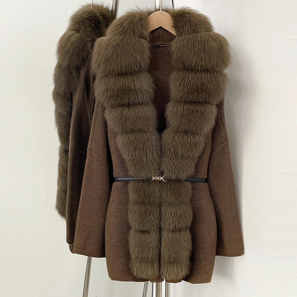 OFTBUY Metal Belt Knit Warm Winter Luxury Fashion Outerwear Sweater Cardigan New Women's Knit Coat with Full Real Fox Fur Front