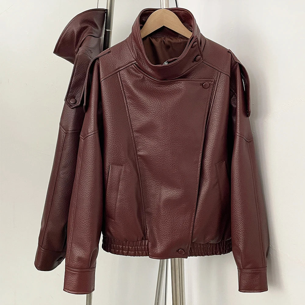 OFTBUY Womens Oversized Faux Leather Bomber Jacket