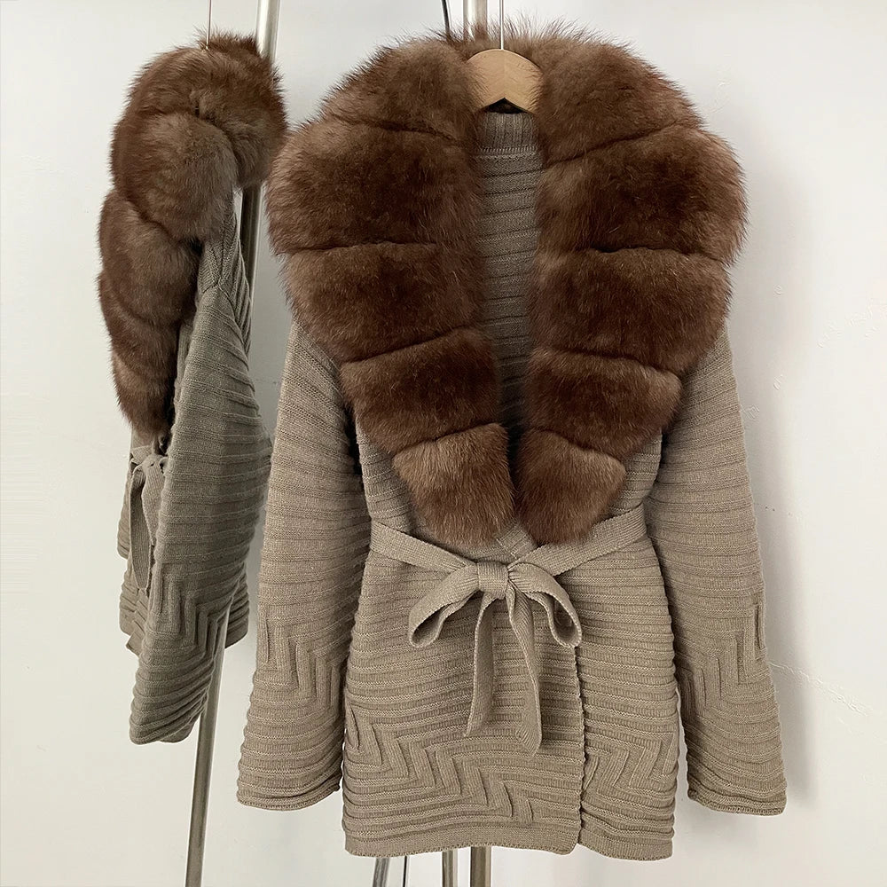 OFTBUY New Women's Knit Coat with Large Real Fox Fur Collar Belted Waist Striped Texture Pockets Winter Luxury Elegant Outerwear