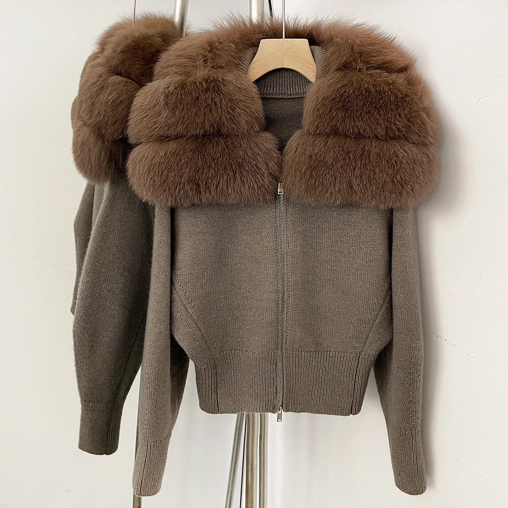 OFTBUY Women's Real Fox Raccoon Fur Collar Knit Zip Up Cardigan Ribbed Hem Warm Winter Sweater Jacket Female Luxury Outerwear