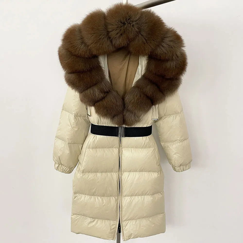 OFTBUY New Natural Thick Warm Duck Down Coat Female Long Winter Jacket Women Real Big Fox Fur Collar Belt Loose Puffer Parka