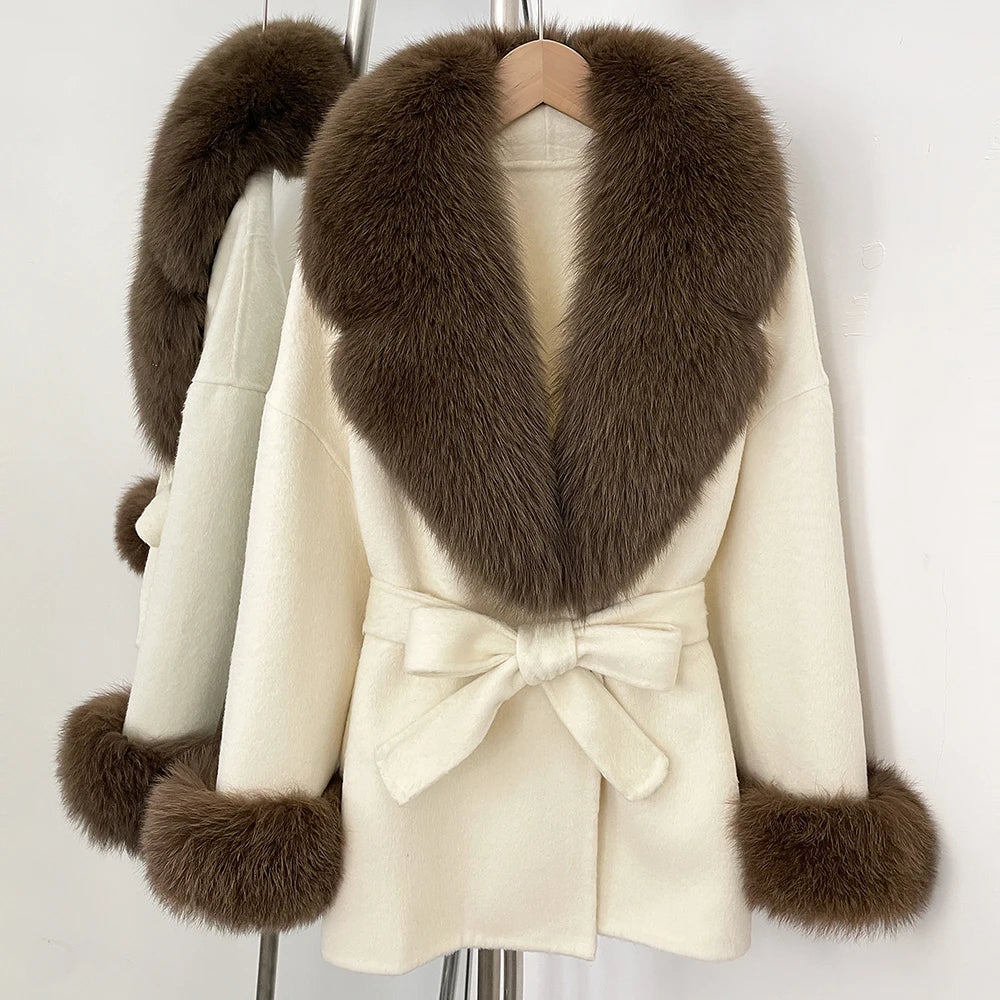 OFTBUY New Women's Double-Faced Wool Coat with Large Real Fox Fur Collar Cuffs Belted Warm Winter Elegant Fashion Outerwear Lady