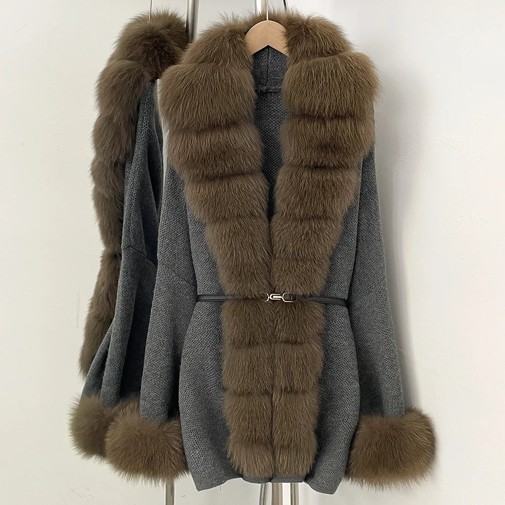 OFTBUY Belt Textured Knit Warm Winter Luxury Outerwear Female Sweater Cardigan New Women's Knit Coat with Large Real Fox Fur