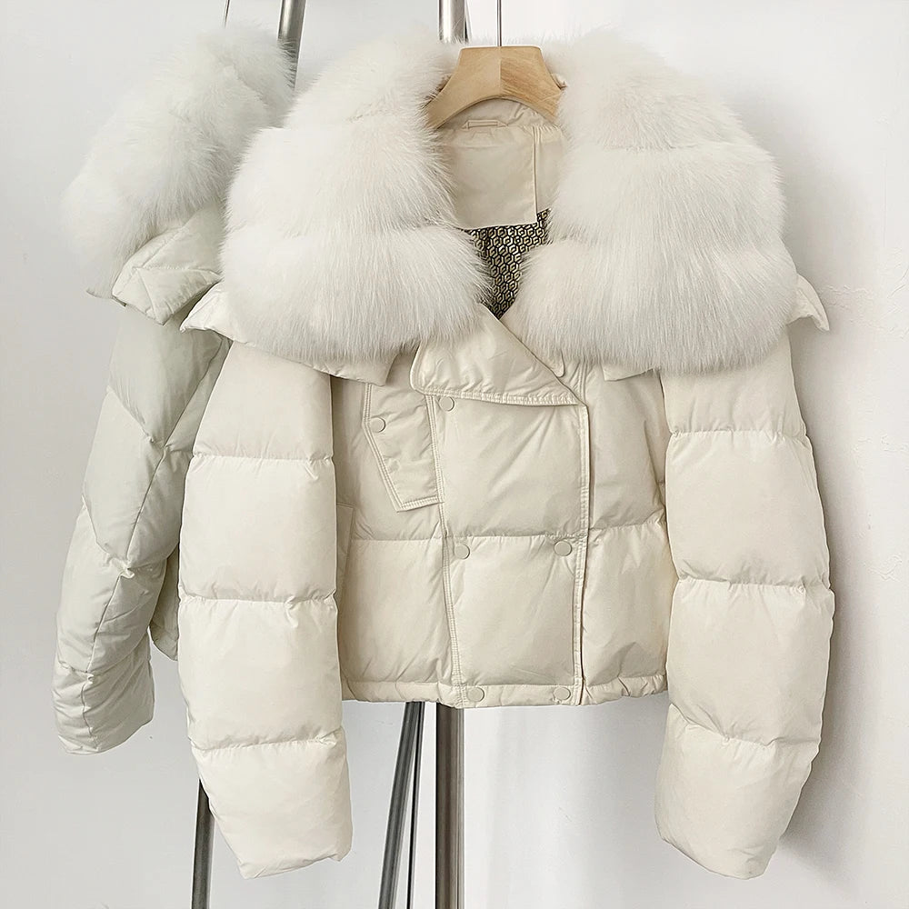 OFTBUY New Short Winter Clothing Women Thickened Warm Fluffy Raccoon Fur Puffer Jacket Female Real Fox Fur Collar Down Coat