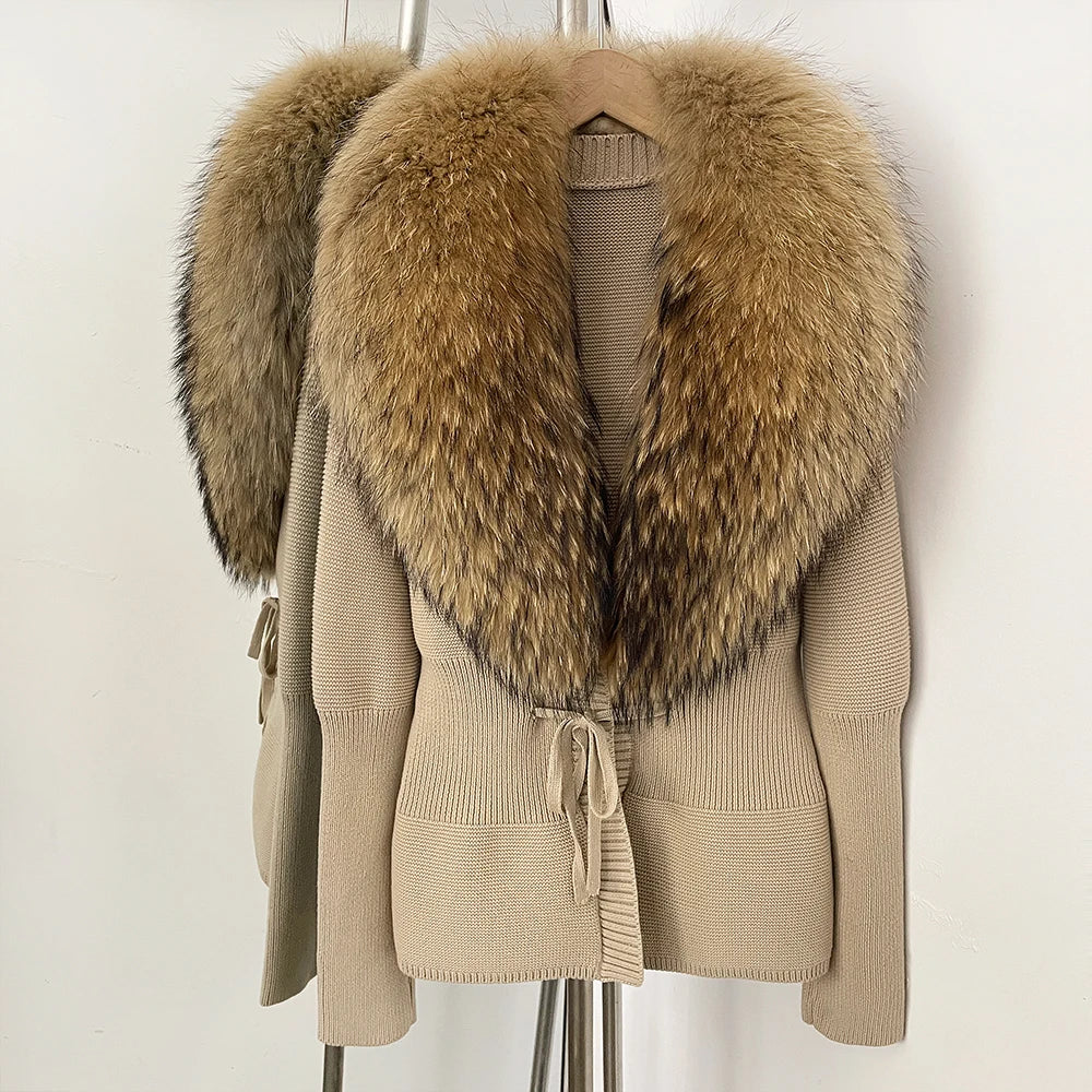 OFTBUY Luxury 100% Cotton Jacket with Real Fox Fur Collar New Autumn Winter Knit Cardigan Women Slim Warm Sweater Outerwear Lady