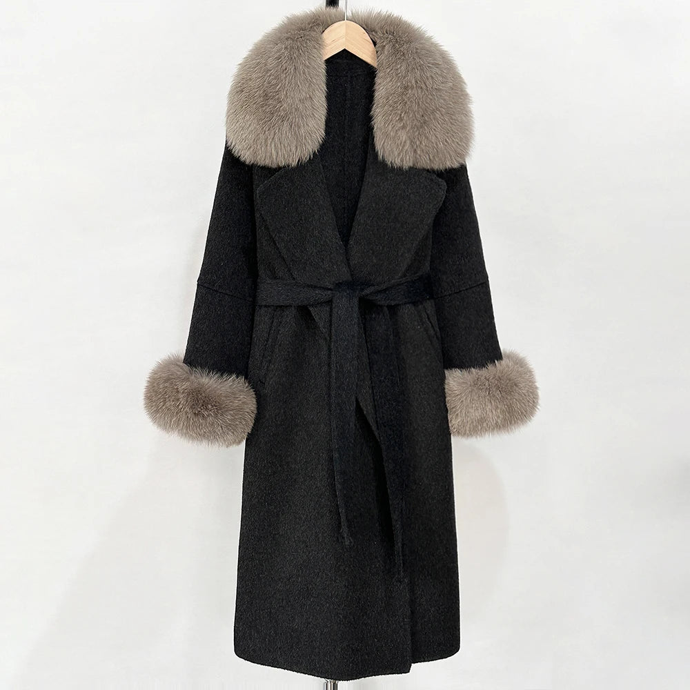 OFTBUY Fashion Warm Wool Coat with Real Fox Fur Collar New Autumn Winter Long Clothing Women Belt Elegant Woolen Jcacket Female