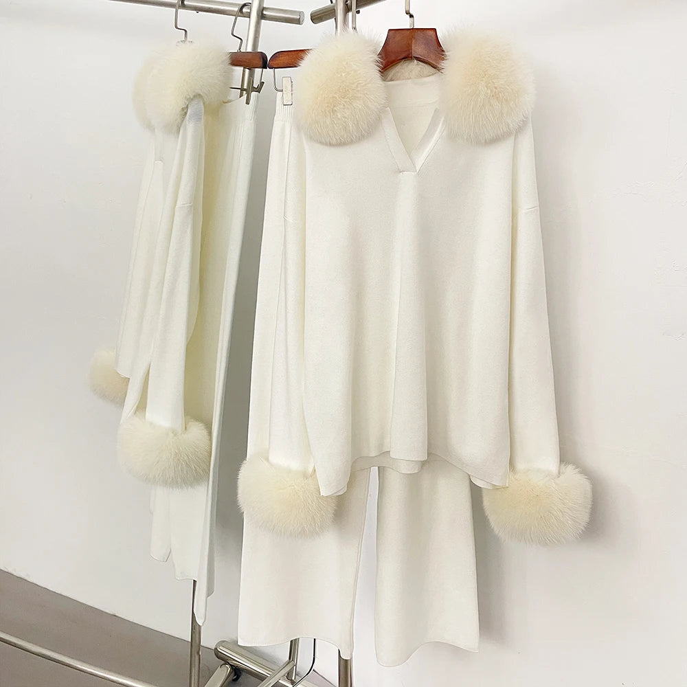 OFTBUY New Autumn Winter Clothing Women Fashion Real Fox Fur Collar Sweater Suit Female Raccoon Fur Pullovers Trousers Set Lady