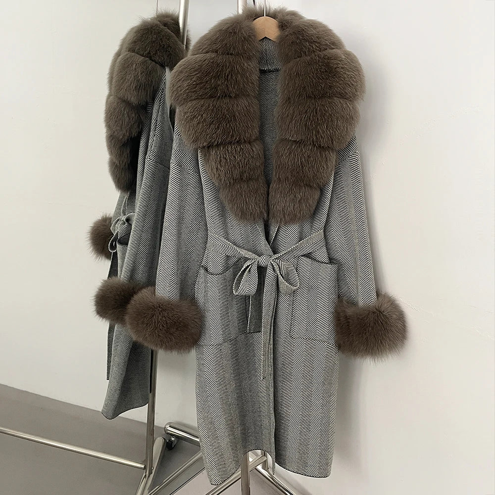 OFTBUY Winter Elegant Outerwear Warm Long Coat Lady New Women's Knit Coat with Large Real Fox Fur Collar Belted Cardigan Female