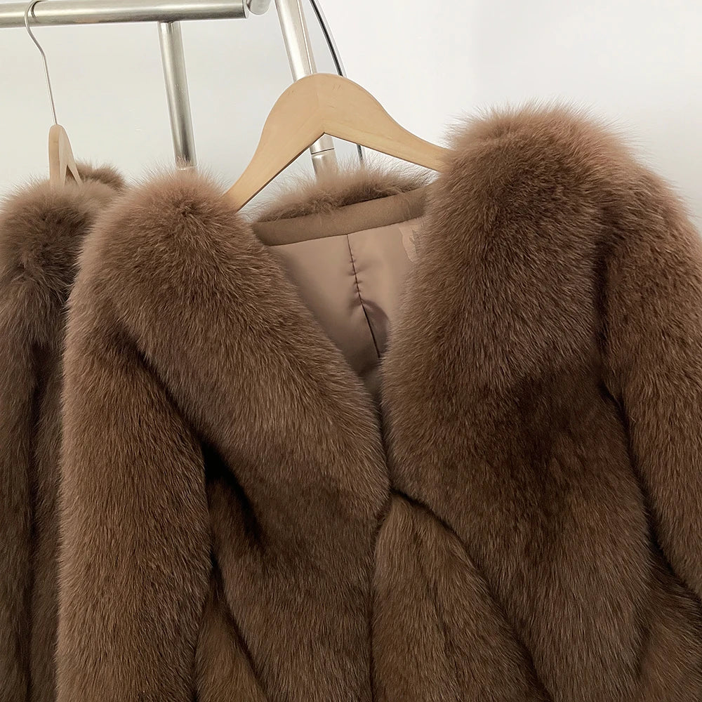 OFTBUY New Women's Real Fox Fur Coat V-Neck Textured Design Warm Winter Elegant Luxury Fashion Outerwear Natural Fur Jacket Lady