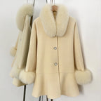 OFTBUY New Women's Wool Coat with Real Fox Fur Colla and Cuffs Luxury Pearl Button Ruffled Hem Winter Warm Outerwear Female