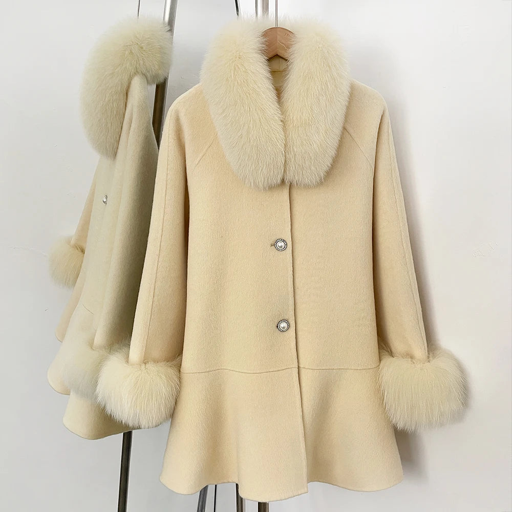 OFTBUY New Women's Wool Coat with Real Fox Fur Colla and Cuffs Luxury Pearl Button Ruffled Hem Winter Warm Outerwear Female
