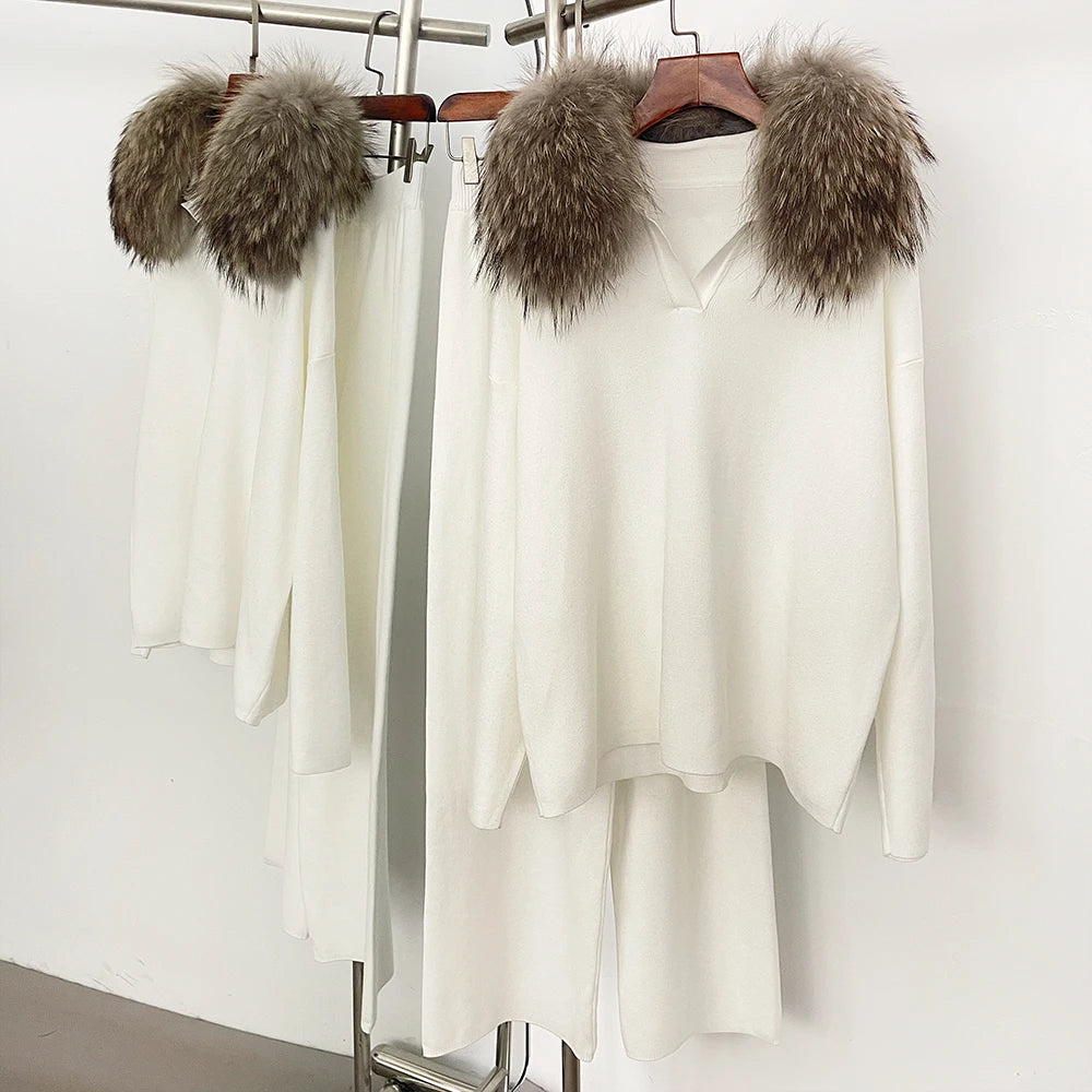 OFTBUY Knitted Pant Set Female Fashion Warm Real Fox Fur Sweater Lady New Autumn Winter Plus Size Woman Clothes Outfits Knitwear