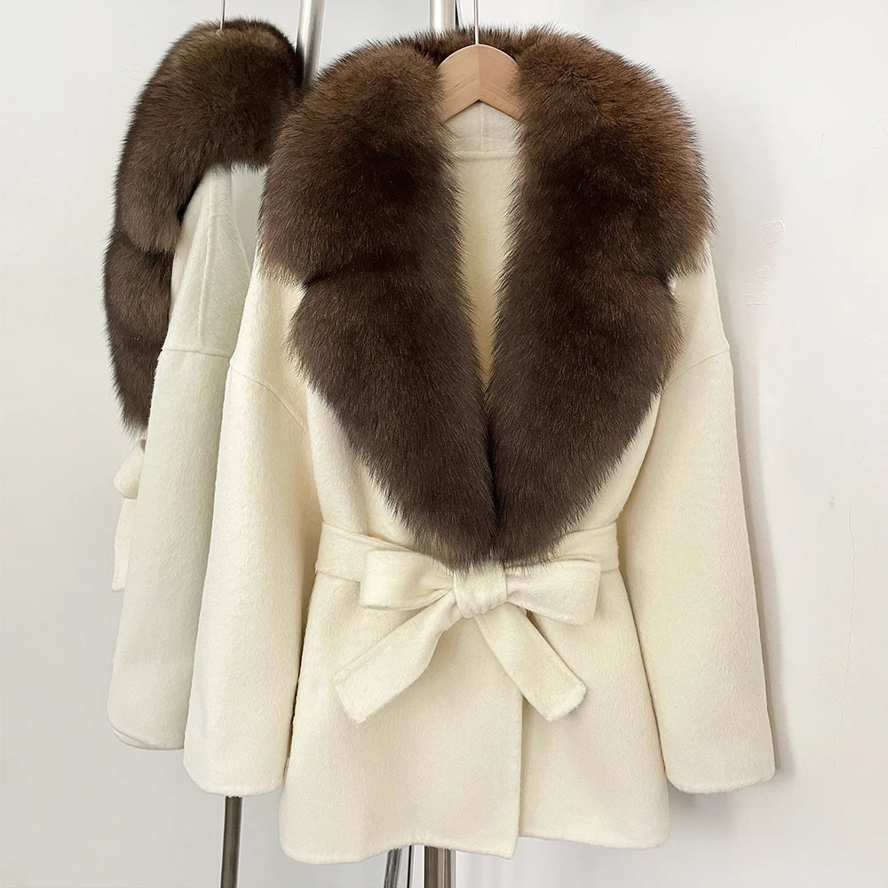 OFTBUY Belted Warm Winter Elegant Fashion Outerwear Lady New Women's Double-Faced Wool Coat with Large Real Fox Fur Collar Cuffs