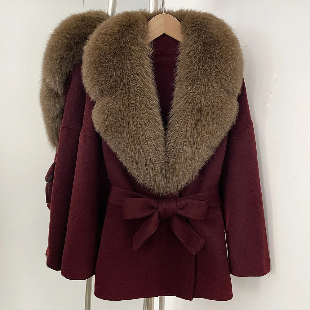OFTBUY Belted Warm Winter Elegant Fashion Outerwear Lady New Women's Double-Faced Wool Coat with Large Real Fox Fur Collar Cuffs