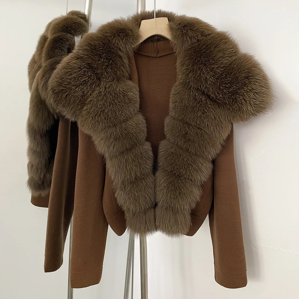 OFTBUY Women's Short Cardigan with Big Real Fox Fur Collar New Autumn Winter Knit Clothing Female Natural Fur Warm Sweater Lady
