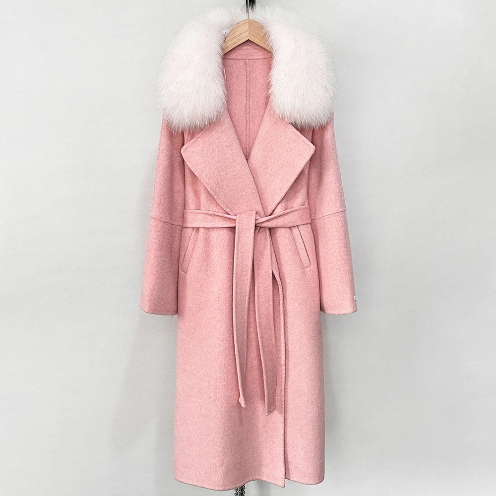 OFTBUY New Autumn Winter Long Clothing Women Fashion Warm Wool Coat with Real Fox Fur Collar Belt Elegant Woolen Jcacket Female