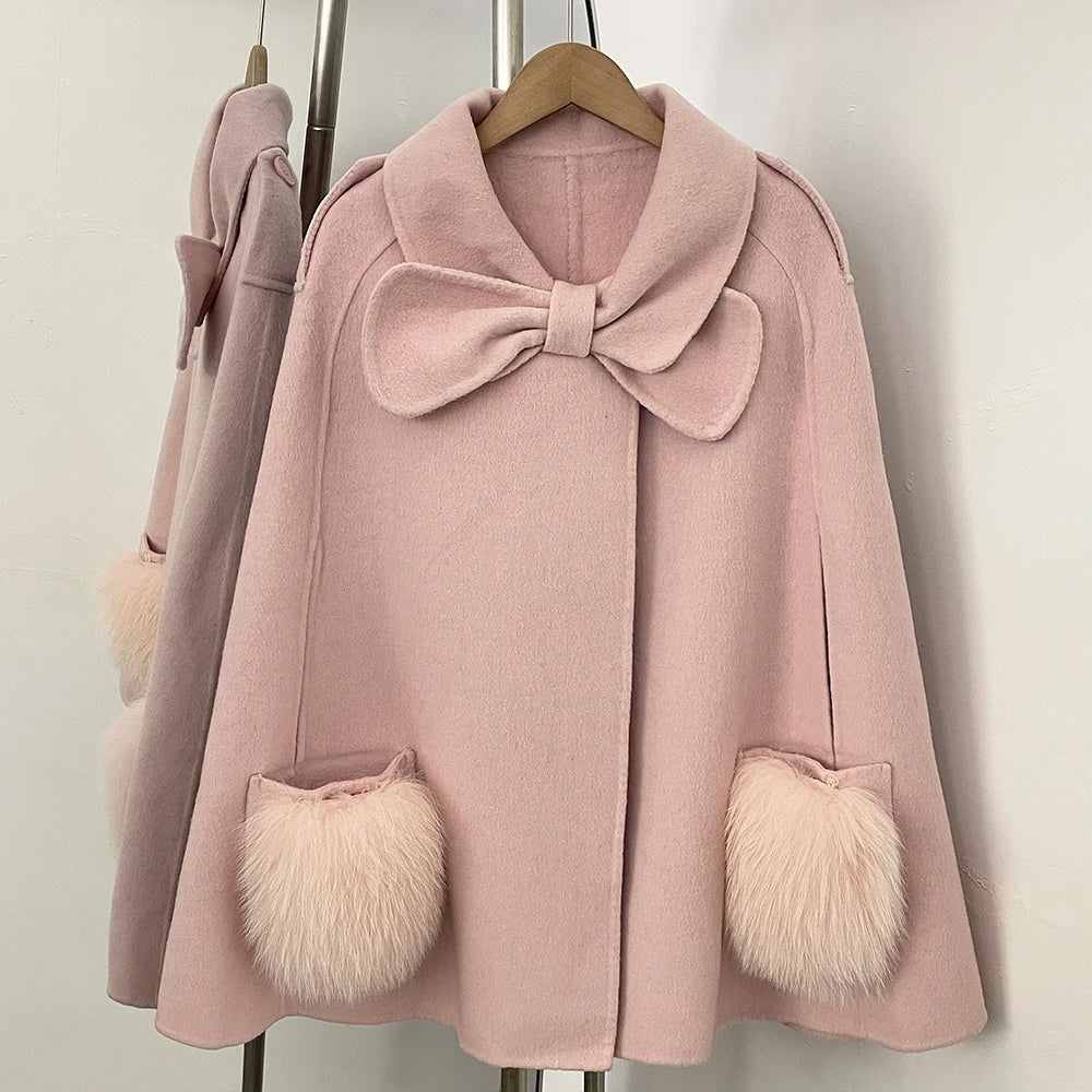 OFTBUY  New Women's Wool Cape Coat with Large Bow Detail Real Fox Fur Pockets Button Closure Winter Elegant Fashion Outerwear