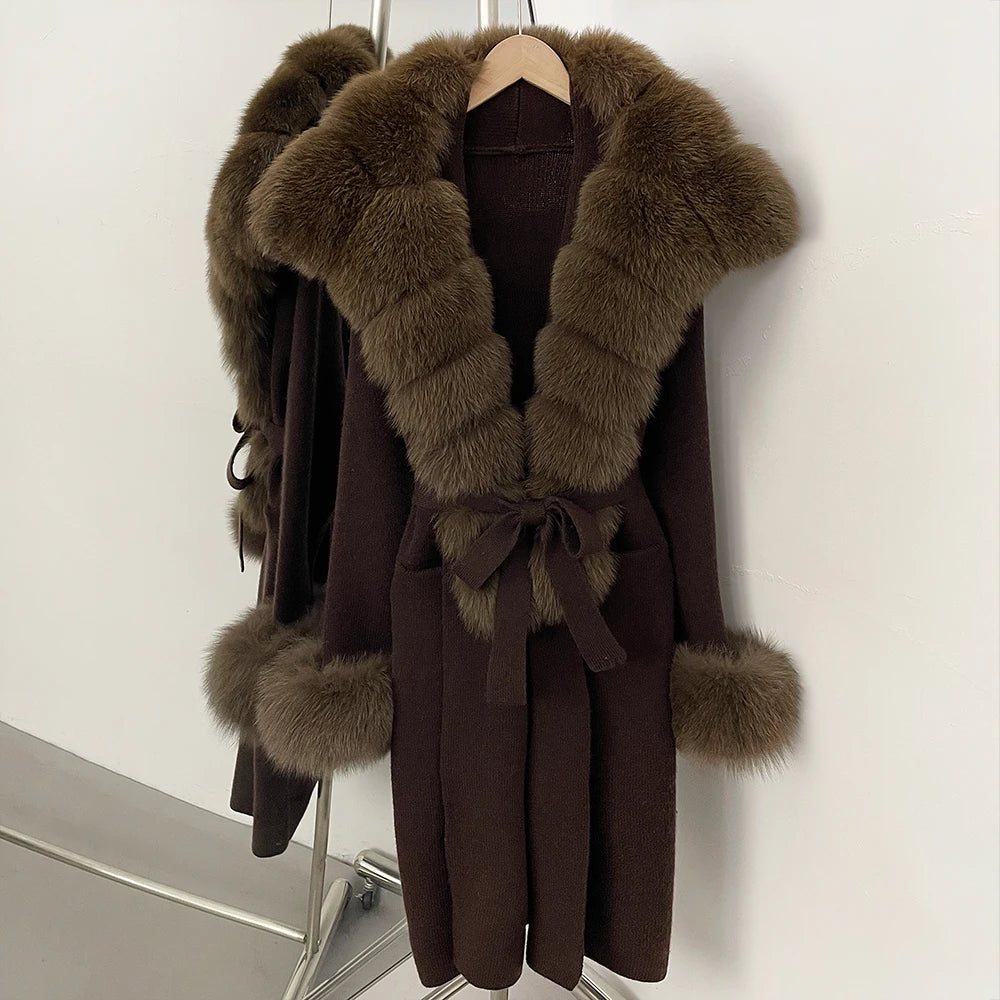 OFTBUY Fashion Warm Belt Real Fox Fur Cardigan New Natural Fur Collar Long Knit Jacket Women Atrumn Winter Top Clothing Female