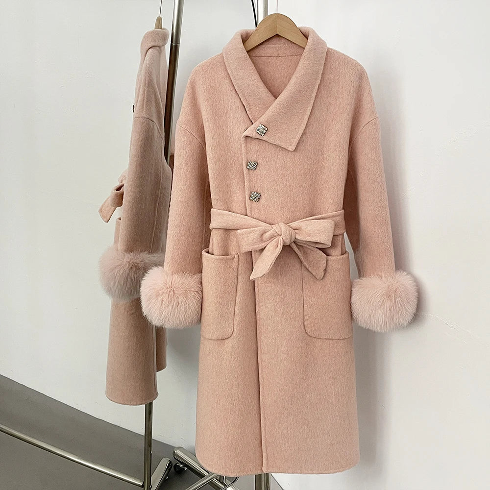 OFTBUY New Autumn Winter Top Clothes Women Fashion Warm Long Belt Wool Coat Female Natural Fox Fur Cashmere Woolen Jacket