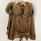 OFTBUY Women's Real Fox Raccoon Fur Collar Faux Leather Trench Coat Double Breasted PU Jacket with Belt Luxury Winter Outerwear