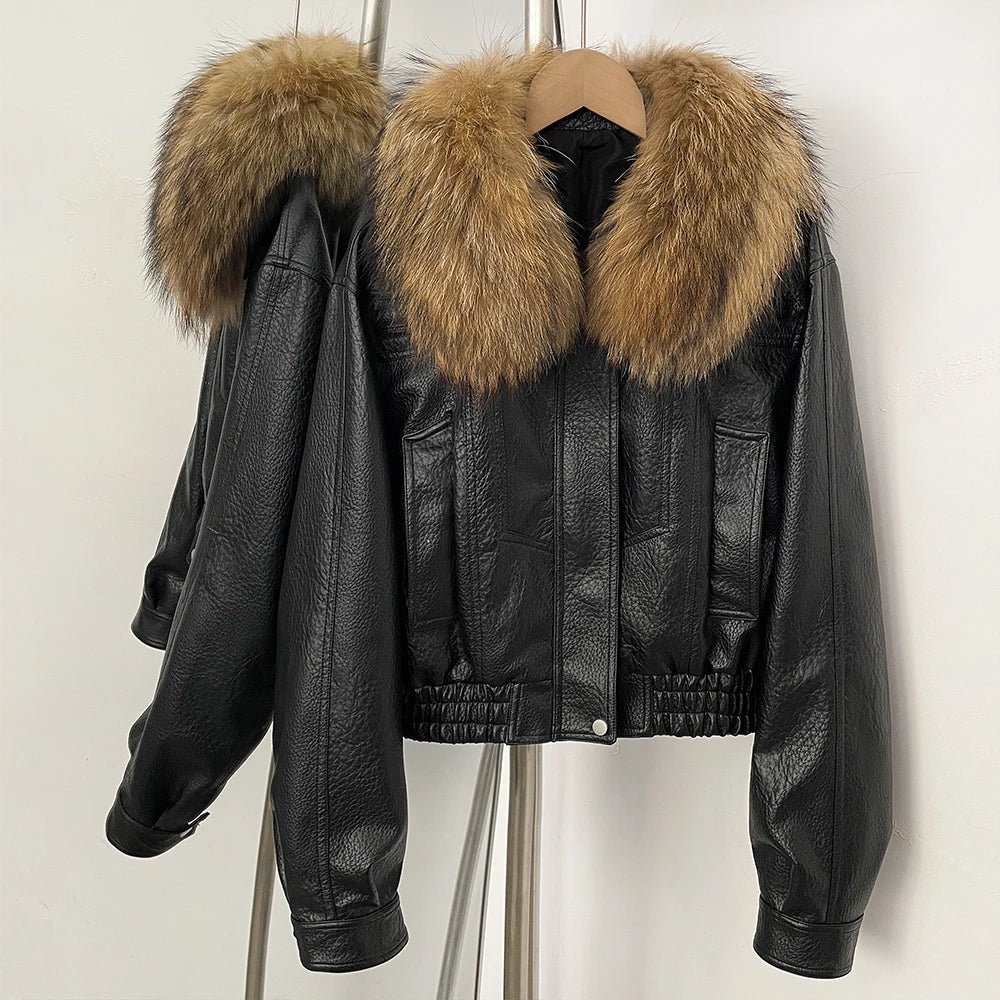 OFTBUY Women's Faux Leather Bomber Jacket with Real Fox Fur Collar PU Leather Cropped Aviator Coat Female New Winter Outerwear