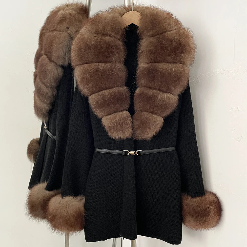 OFTBUY Belt Knit Warm Winter Luxury Casual Fashion Outerwear Sweater Female New Women's Knit Coat with Large Real Fox Fur Collar