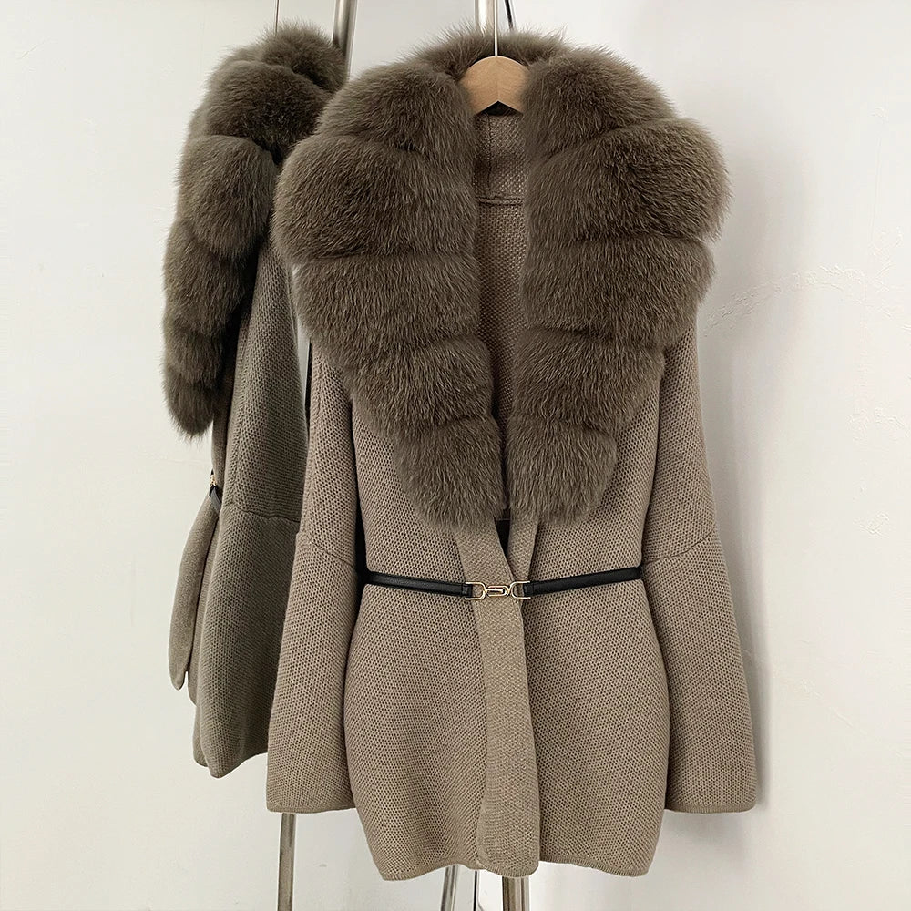 OFTBUY New Autumn Winter Luxury Fashion Outerwear Lady Women's Knit Coat with Large Real Fox Fur Collar Belt Textured Knit Warm