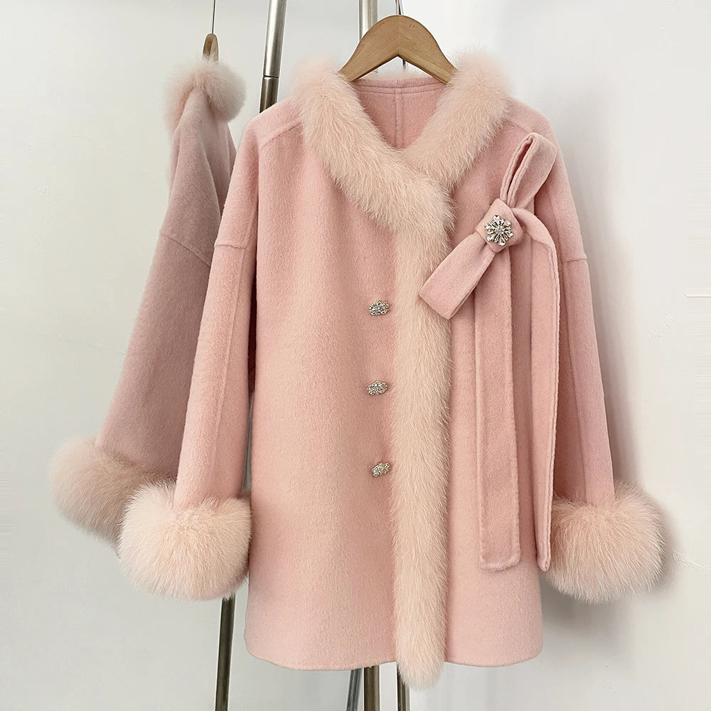 OFTBUY Trim Bow Detail Decorative Buttons Winter Elegant Woolen Outerwear New Women's Double Face Wool Coat with Real Fox Fur