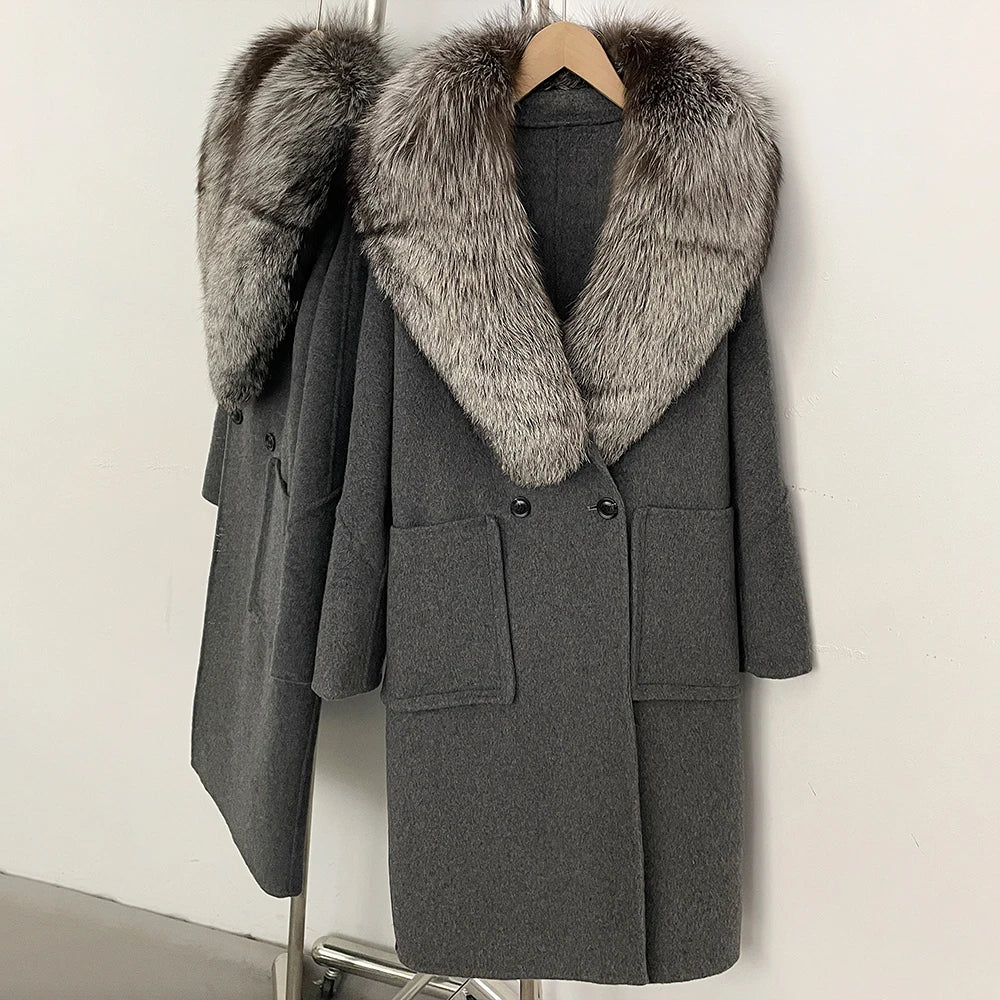 OFTBUY Double Breasted Pockets Long Luxury Warm Winter Outerwear New Women's Double-Faced Wool Coat with Real Fox Fur Collar