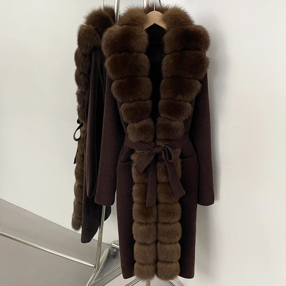 OFTBUY New Women's Knit Long Coat with Full Real Fox Fur  Belted Pockets Warm Winter Elegant Fashion Outerwear Cardigan Sweater