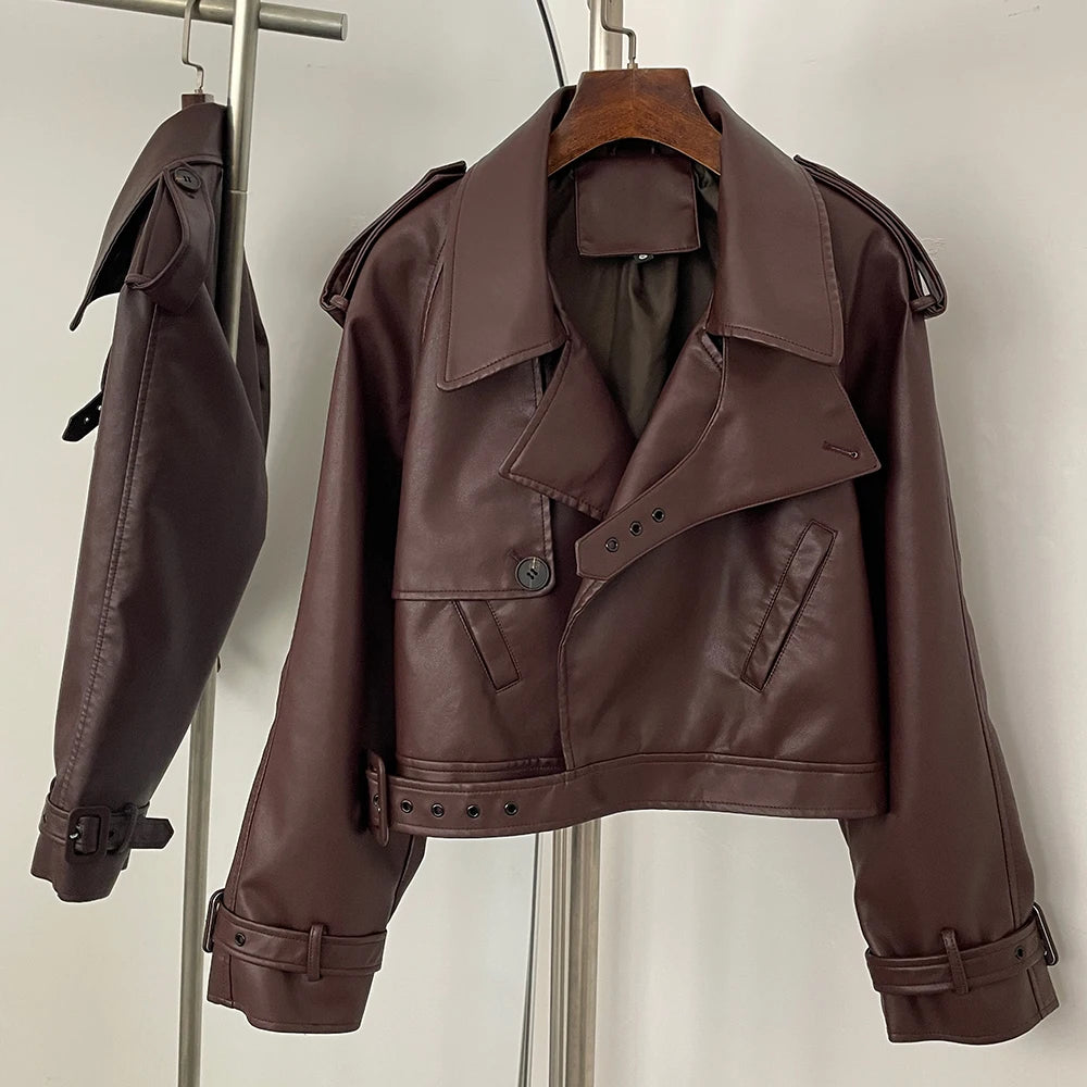 OFTBUY Fashion Outerwear Fake Leather Coat Female New Women's Cropped Faux Leather Jacket Lapel Collar Belted Loose Streetwear