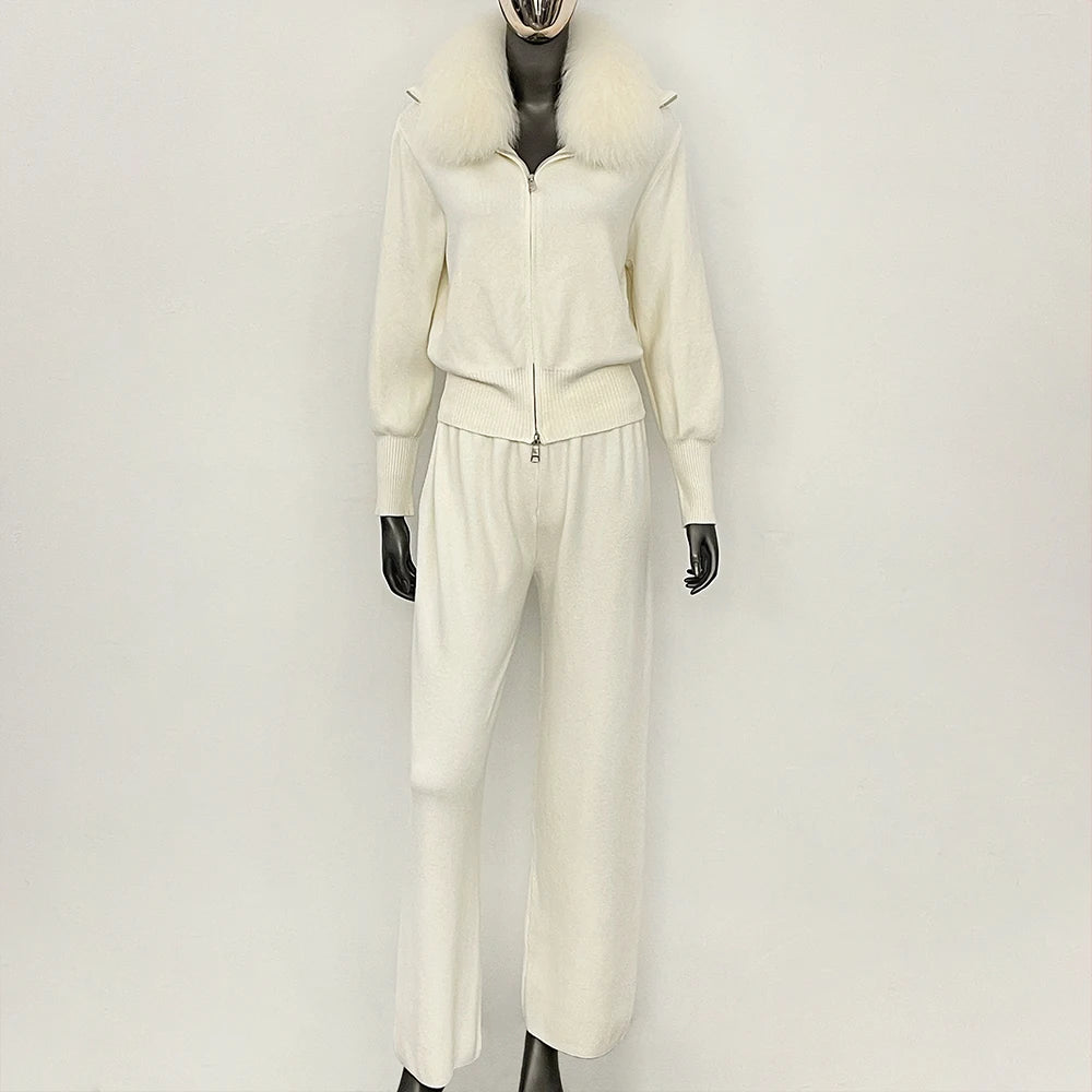 OFTBUY Winter New Women's Knitted Tracksuit Set with Fox Fur Collar Zipper Jacket Wide Leg Pants Luxury Casual Two-Piece Outfit