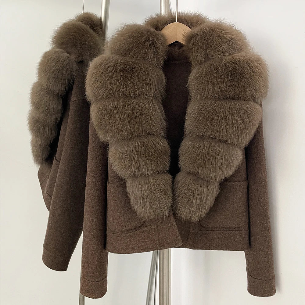 OFTBUY Fashion Short Warm Wool Coat with Real Fox Fur Collar New Autumn Winter Clothes Women Luxury Woolen Jacket Outerwear