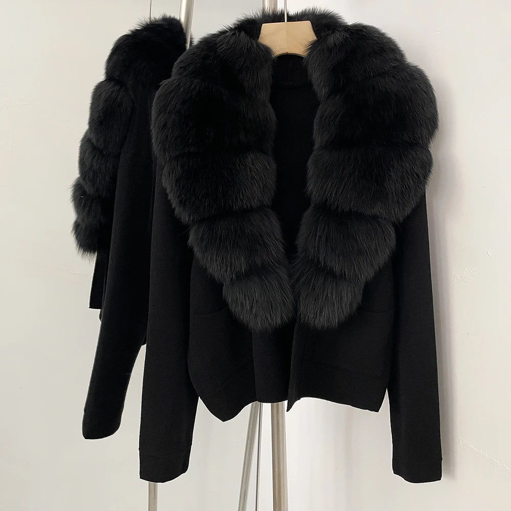 OFTBUY New Women's Knit Cardigan with Large Real Fox Fur Collar Loose Fit Warm Winter Fashion Lady Outerwear Sweater Female