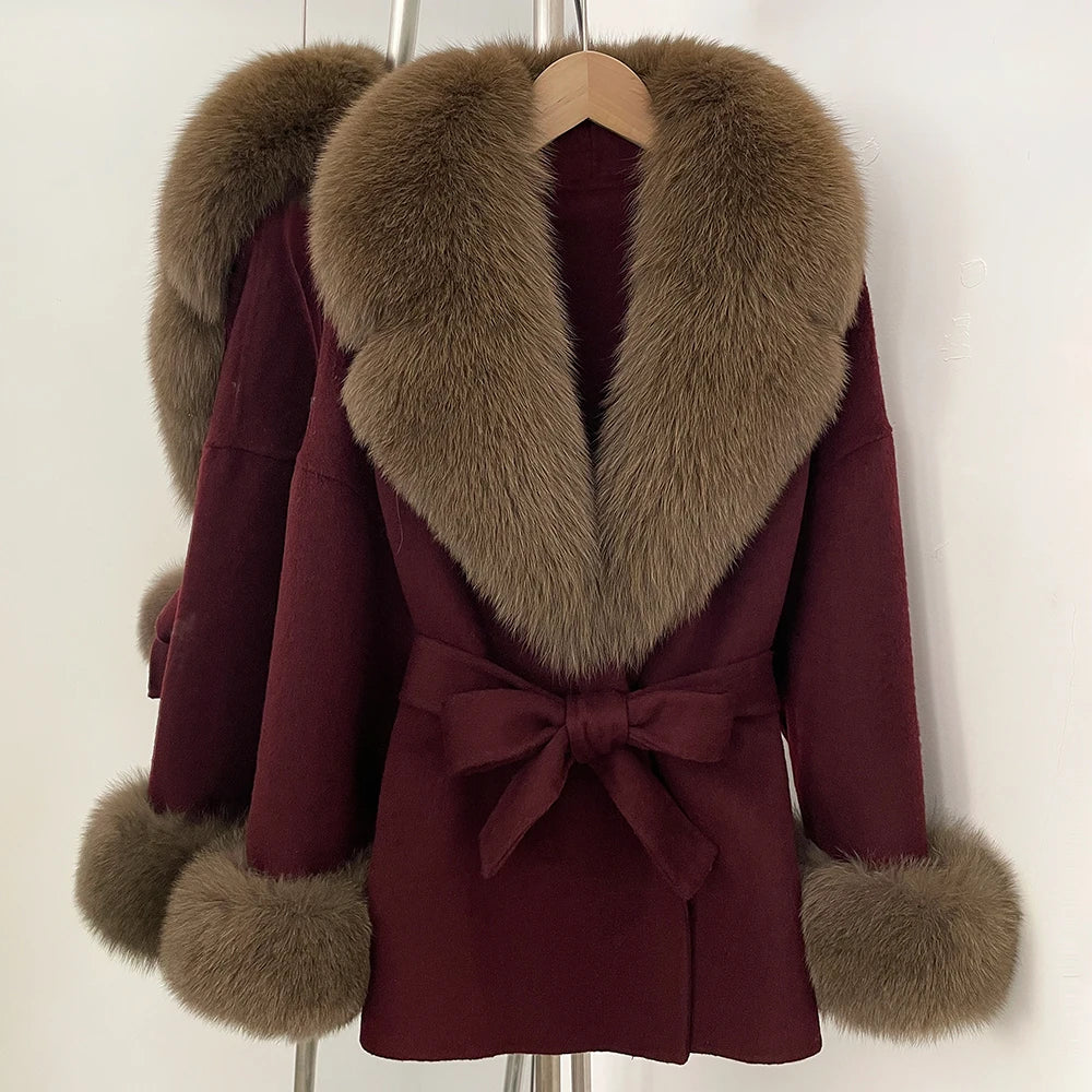 OFTBUY New Women's Double-Faced Wool Coat with Large Real Fox Fur Collar Cuffs Belted Warm Winter Elegant Fashion Outerwear Lady