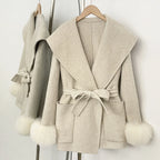 OFTBUY Pockets Elegant Warm Winter Fashion Outerwear Female New Women's Double-Faced Wool Coat Lapel Collar Belt Real Fox Fur