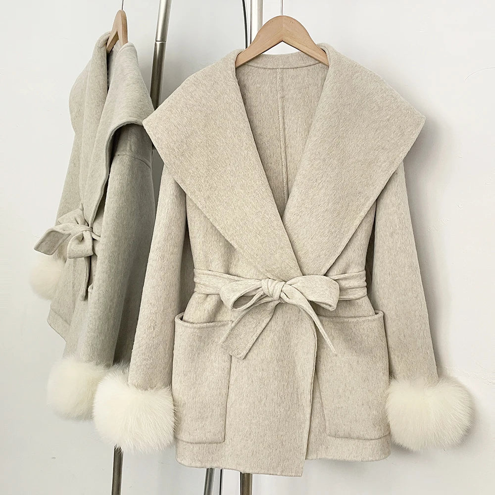 OFTBUY Pockets Elegant Warm Winter Fashion Outerwear Female New Women's Double-Faced Wool Coat Lapel Collar Belt Real Fox Fur