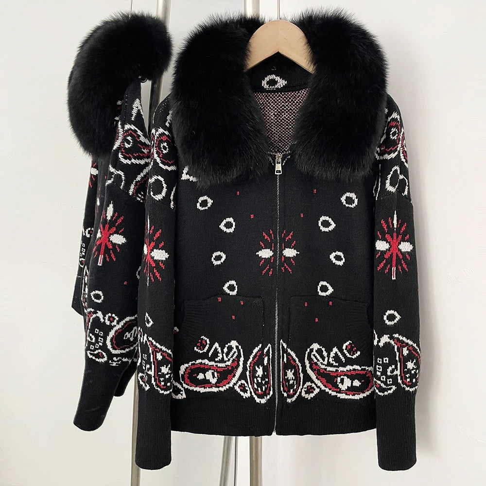 OFTBUY Women's Vintage Real Fox Fur Collar Knit Cardigan Paisley Print Zip Up Sweater Jacket Female Warm Winter Luxury Outerwear