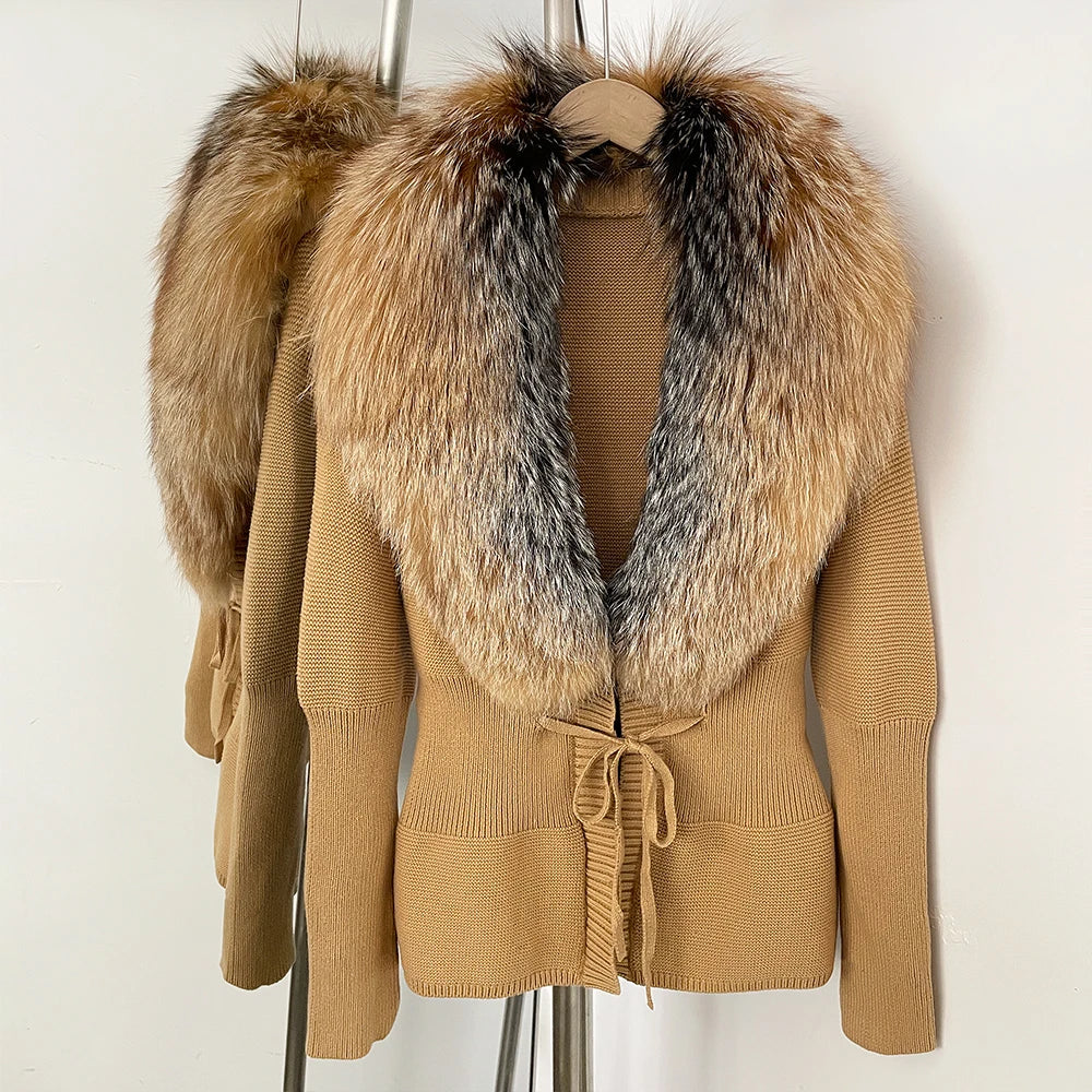 OFTBUY Luxury 100% Cotton Jacket with Real Fox Fur Collar New Autumn Winter Knit Cardigan Women Slim Warm Sweater Outerwear Lady