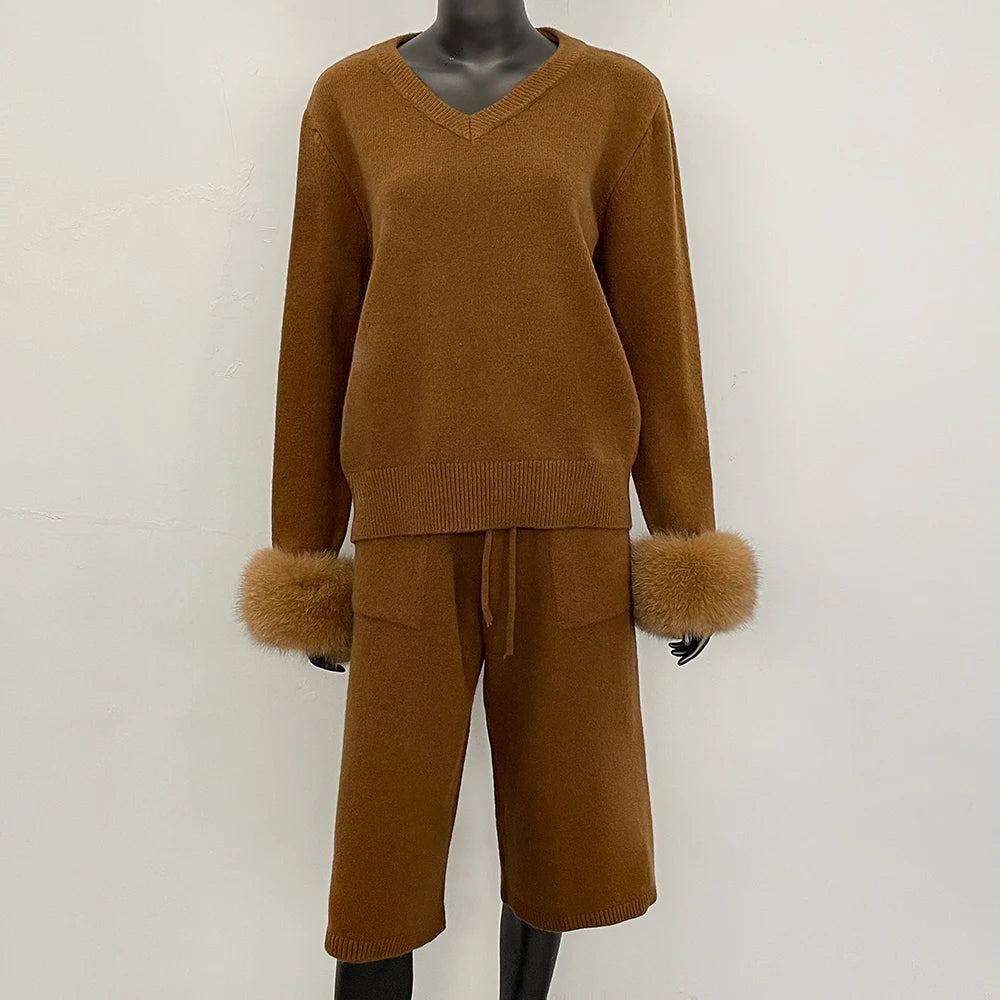 OFTBUY New Women's Knitted Two Piece Set with Real Fox Fur Cuffs V Neck Warm Winter Casual Elegant Outfit Sweater Female