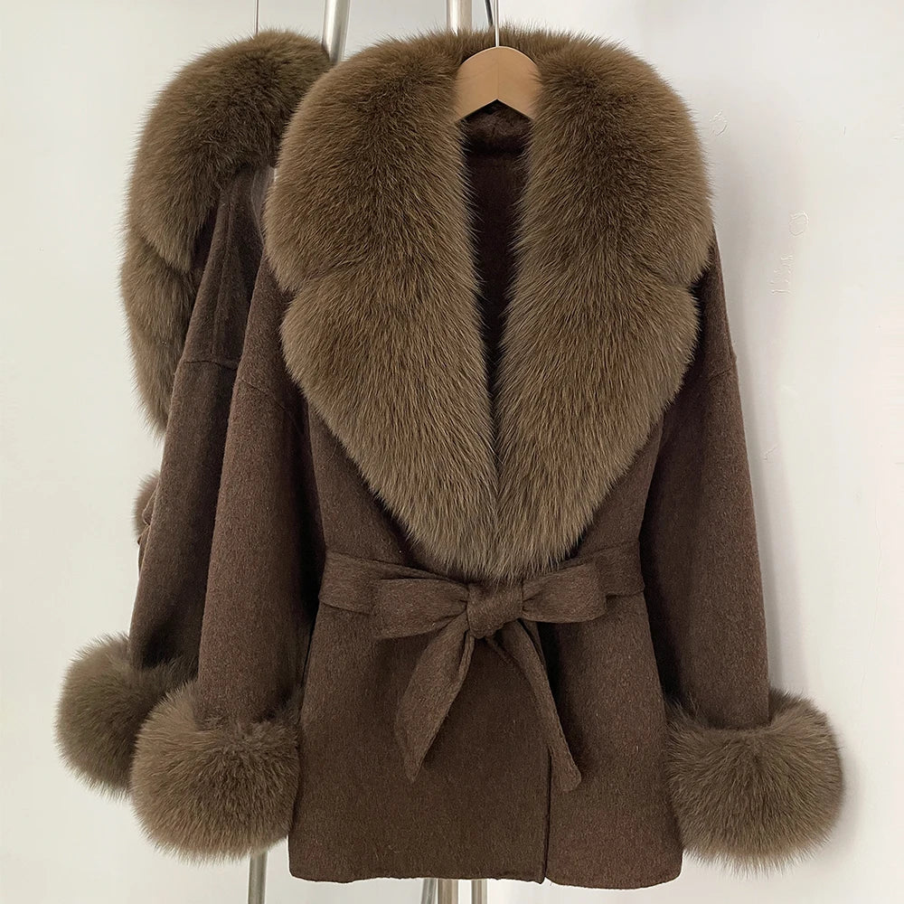 OFTBUY New Women's Double-Faced Wool Coat with Large Real Fox Fur Collar Cuffs Belted Warm Winter Elegant Fashion Outerwear Lady