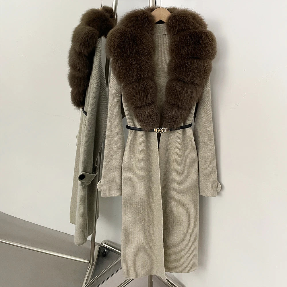 OFTBUY Warm Winter Elegant Fashion knit Outerwear female New Women's Knit Long Coat with Large Real Fox Fur Collar Belted Waist