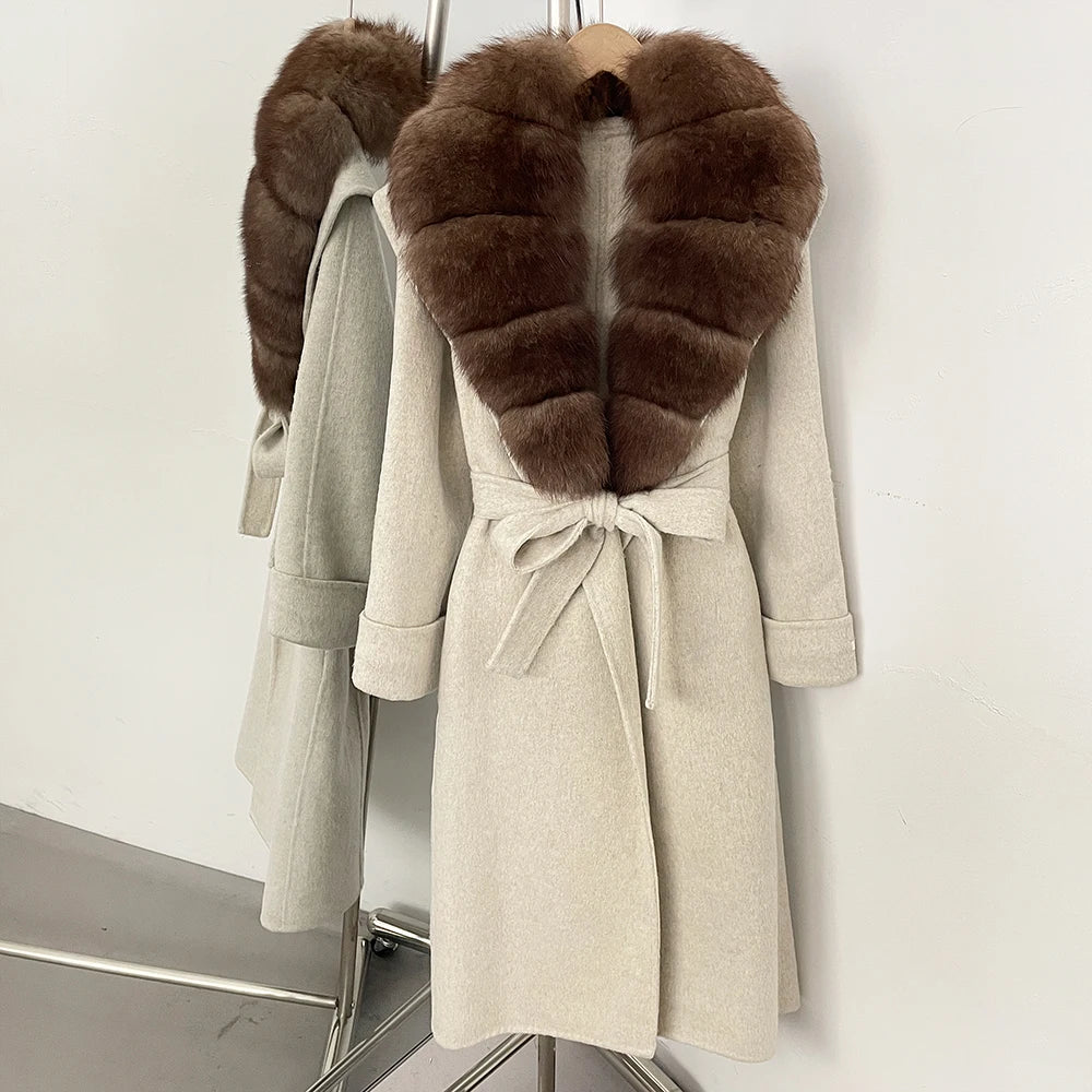 OFTBUY Belted Elegant Warm Outerwear Coat Female Women's Luxury Double-Faced Wool Jacket Winter Oversized Real Fox Fur Collar
