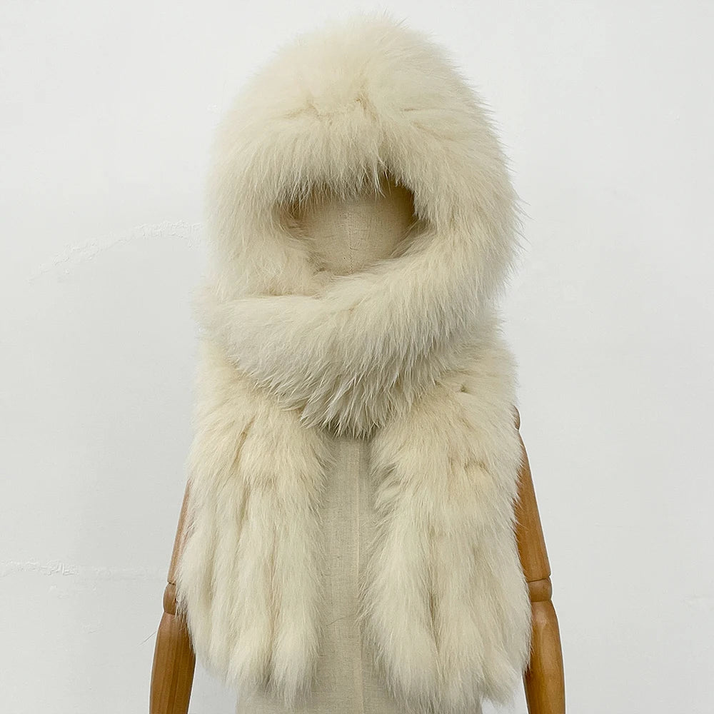 OFTBUY Hot Sales Fashion Fluffy White Natural Fox Fur Hat with Scarf Women Winter Female Thickened Warm Long Real Fur Cap Child