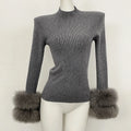 OFTBUY Luxury Mock Neck Ribbed Knit Top with Oversized 100% Real Fox Fur Cuffs